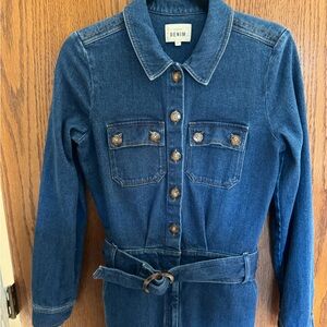 Sezane Denim Long Sleeve Button-Up Jumpsuit